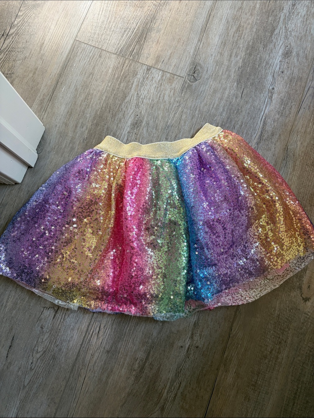Amazon Girls' Rainbow Sequin Skirt with Gold Waistband